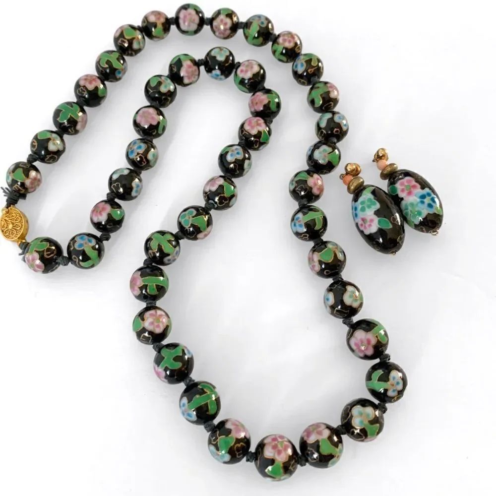 Vintage Floral Cloisonné Hand Knotted Beaded Necklace Set